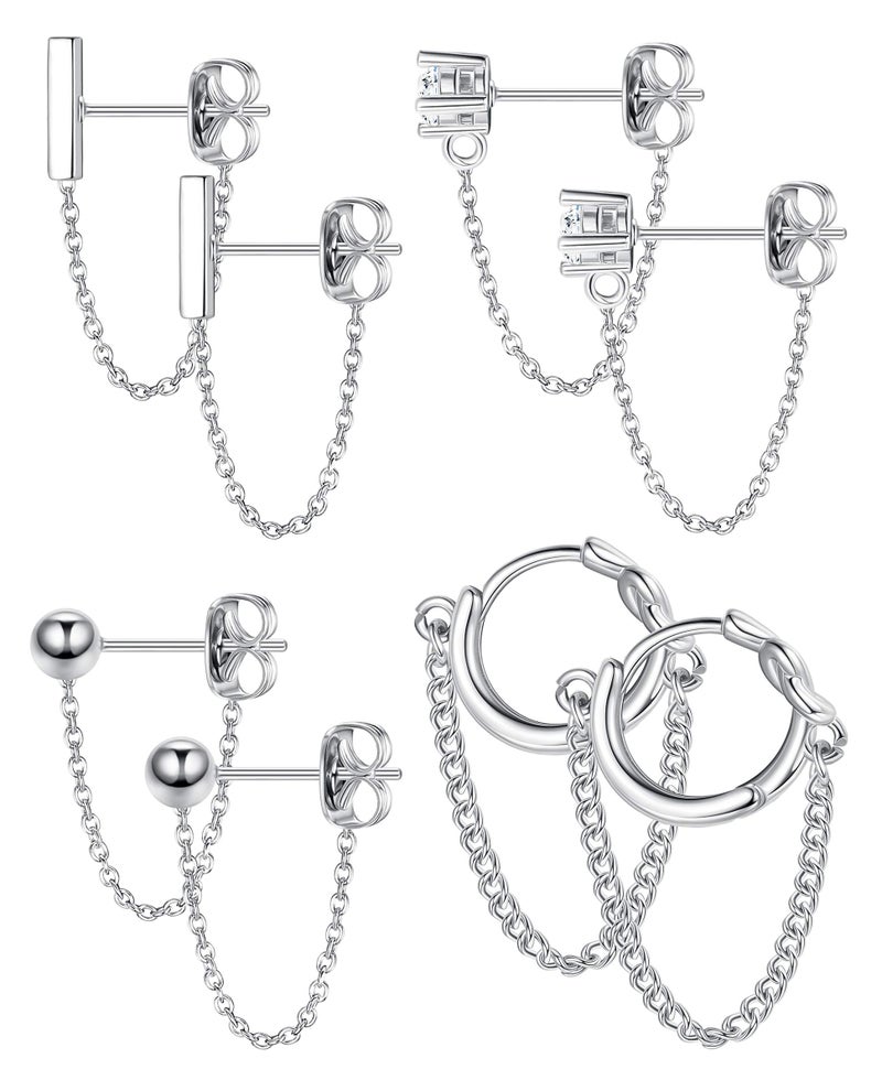 YADOCA 4 Pairs Chain Earrings for Women CZ Ball Bar Huggie Hoop Piercing Dangle Chain Stud Earring Set Silver - Image 1